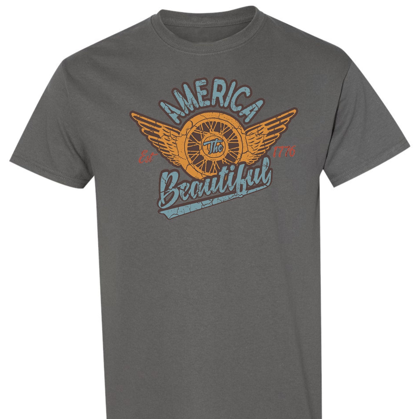 America The Beautiful® Winged Motorcycle Wheel Vintage Mens Biker T-shirt