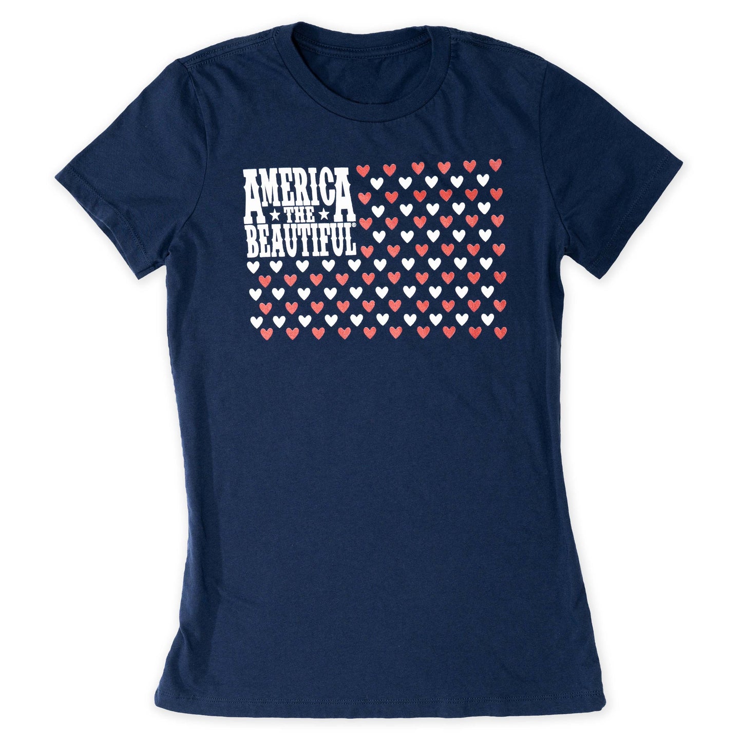 Flag of Hearts American Flag Womens T-shirt - Red And White Art On Blue Shirt