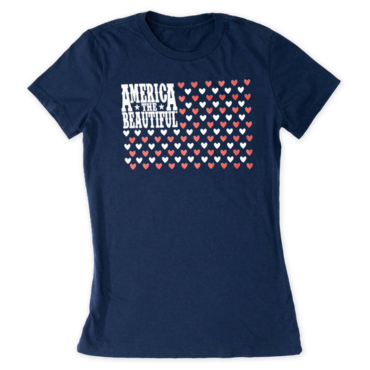 American Flag of Hearts Womens Message Tee - Red and White Art on Blue Tee