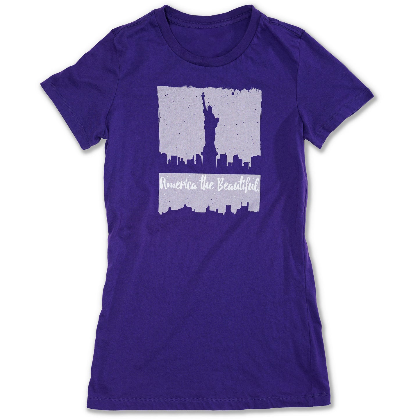 America The Beautiful® Womens Lady Liberty New York Skyline Purple Graphic T-Shirt
