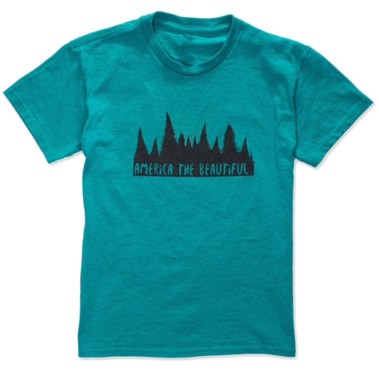 America The Beautiful Magical Forest Youth Girls Cotton Camping Graphic T-shirt in forest green