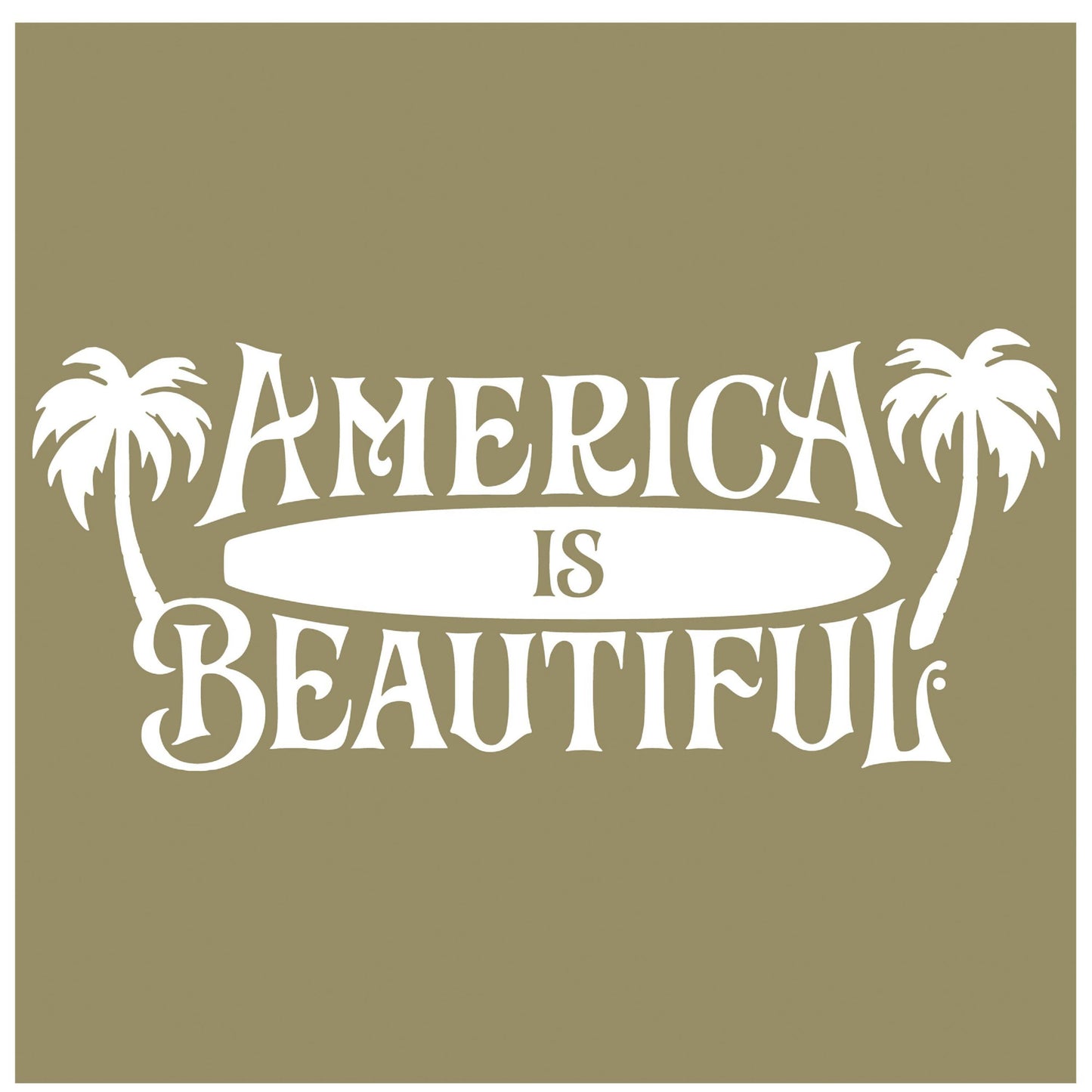 America Is Beautiful™ Surfboard and Palm Trees Beach Die Cut White Vinyl Sticker Decal