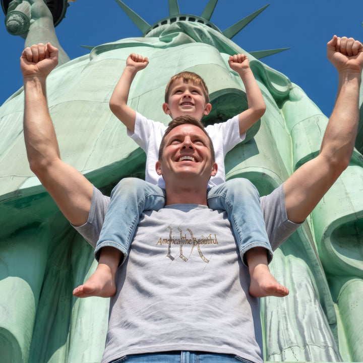 A man wearing a Gray t-shirt with "We" (the people) and  &