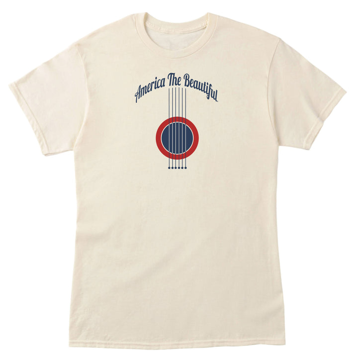 Beige t-shirt with acoustic guitar graphic and &