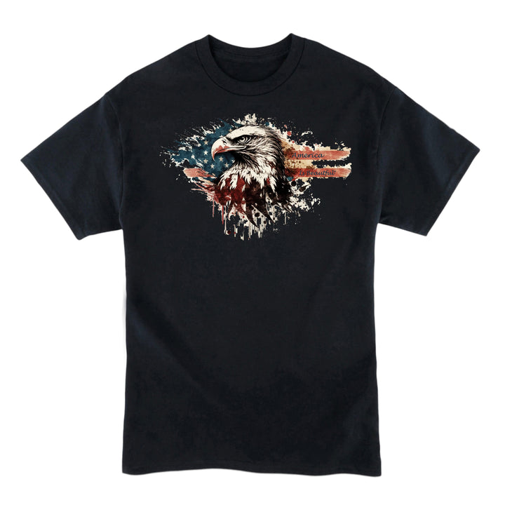 Black t-shirt with an eagle and flag design on a white background
