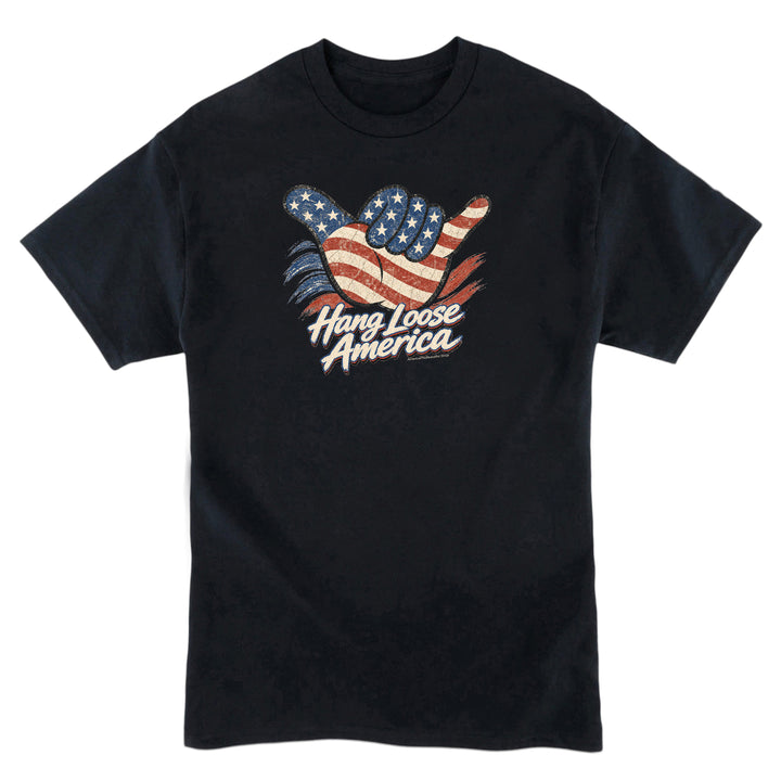 black t-shirt with red white and blue hang loose shaka gesture and text saying “hang loose America”