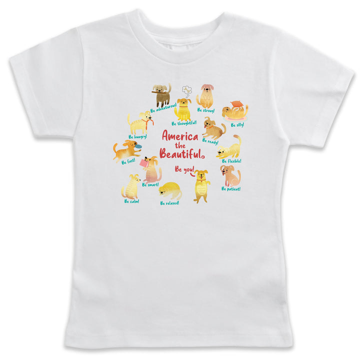 White t-shirt with colorful "America The Beautiful" with toys graphic design on a white background