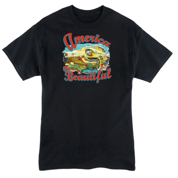 Black t-shirt with colorful graphic of vintage Cadillac and &