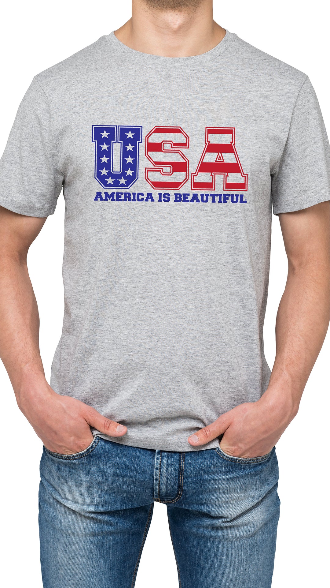 USA  Message Tee 1.0 Graphic by America The Beautiful®, Red and Blue On Grey - M