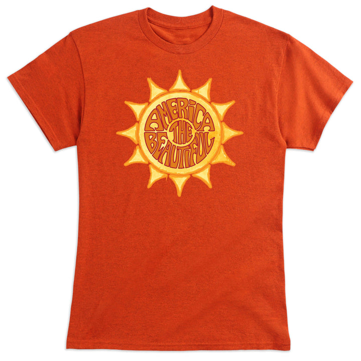 Orange t-shirt with awesome sun graphic and &