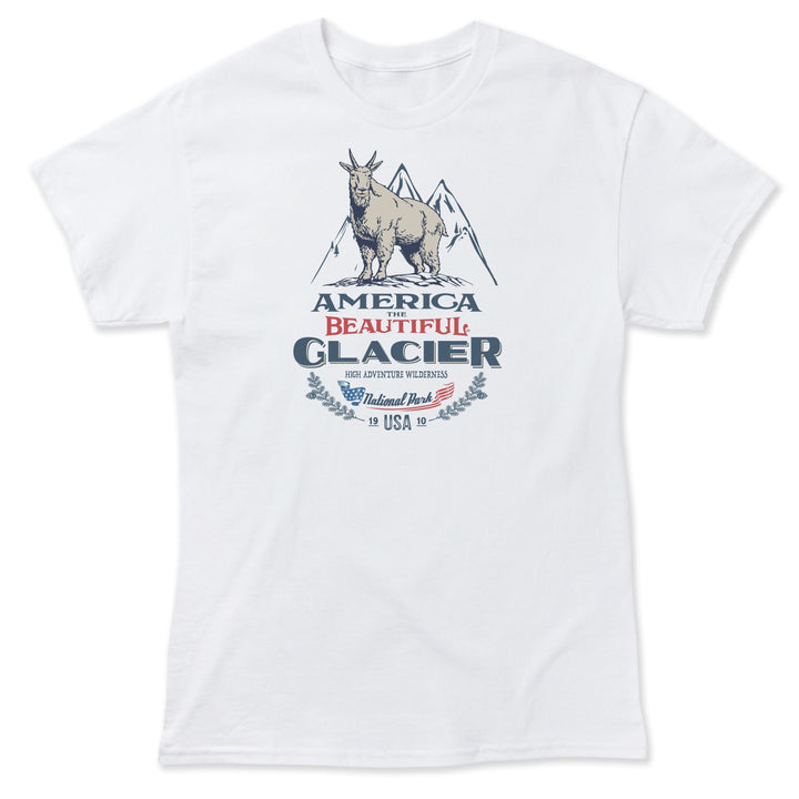 White t-shirt with graphic design featuring a Glacier Nat. Park mountain goat, and text on a white background