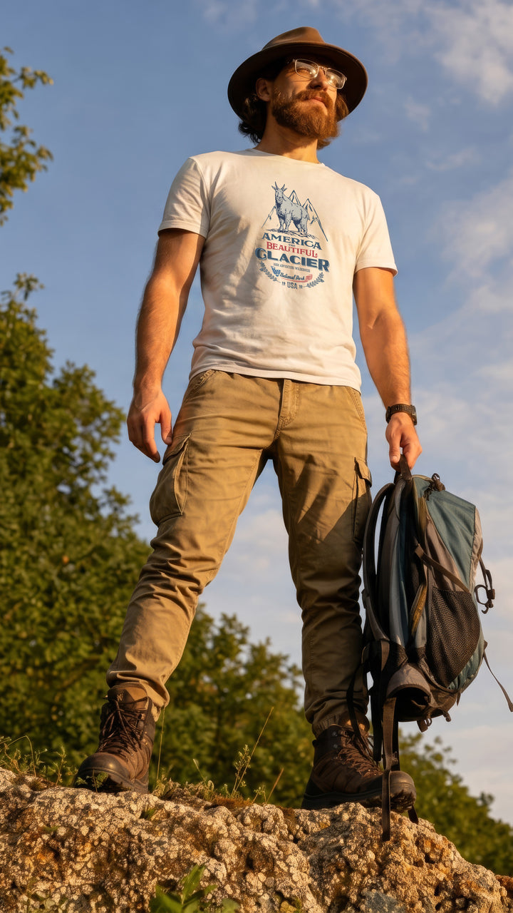 Man wearing a White t-shirt with graphic design featuring a Glacier Nat. Park mountain goat, standing outdoors against a blue sky.