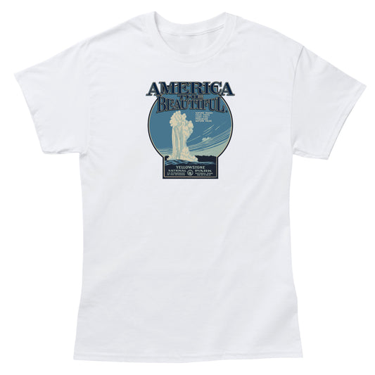 America The Beautiful® Yellowstone National Park Old Faithful WPA Art Mens Vintage Graphic Tee