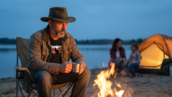 Man sitting by a lake at dusk, holding a mug and wearing a Grand Canyon black T-shirt with a coyote while his wife and child talk in the background.