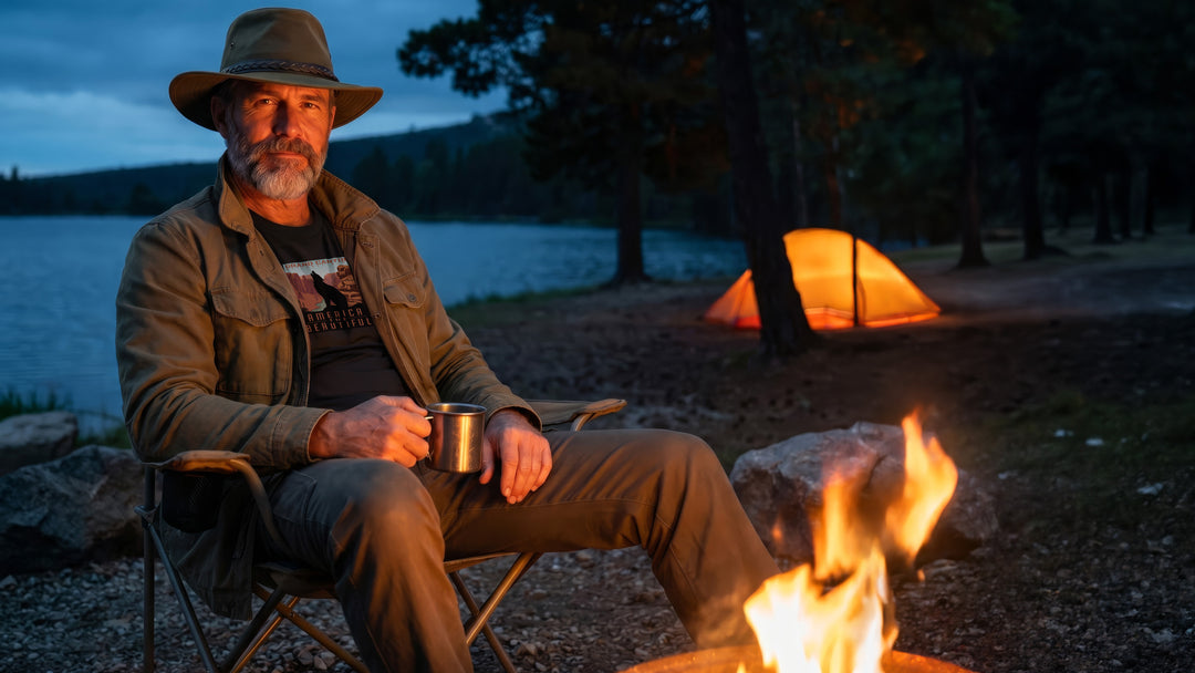 Man sitting by a lake at dusk, holding a mug and wearing a Grand Canyon black T-shirt with a coyote