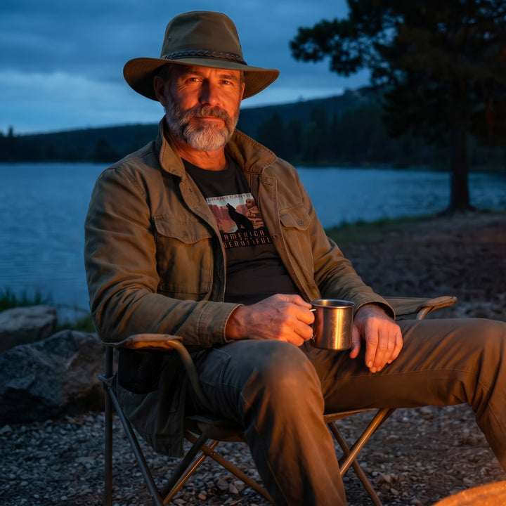 Man sitting by a lake at dusk, holding a mug and wearing a Grand Canyon black T-shirt with a coyote