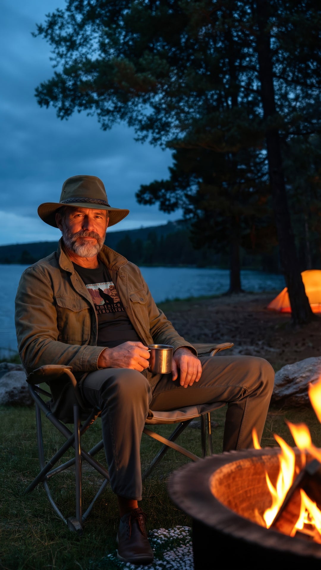 Man sitting by a lake at dusk, holding a mug and wearing a Grand Canyon black T-shirt with a coyote