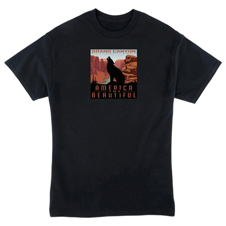 Black t-shirt with a graphic of a coyote howling at the Grand Canyon and &