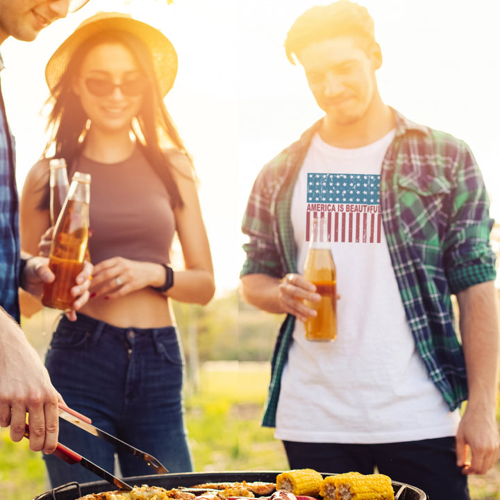 Group BBQing wearing White t-shirt with American flag design and &