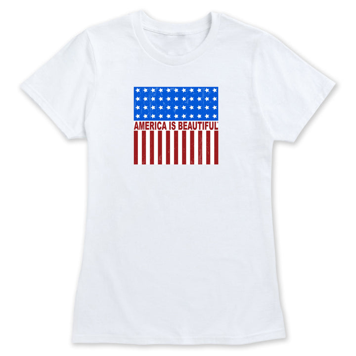 White t-shirt with American flag design and &