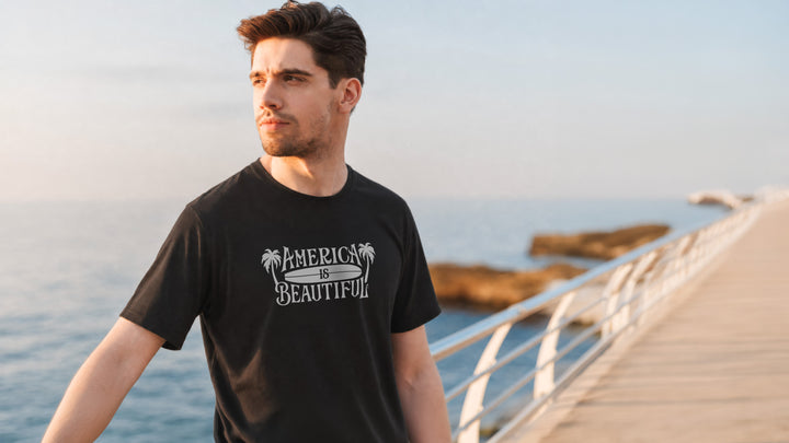 Man wearing a Black t-shirt with &