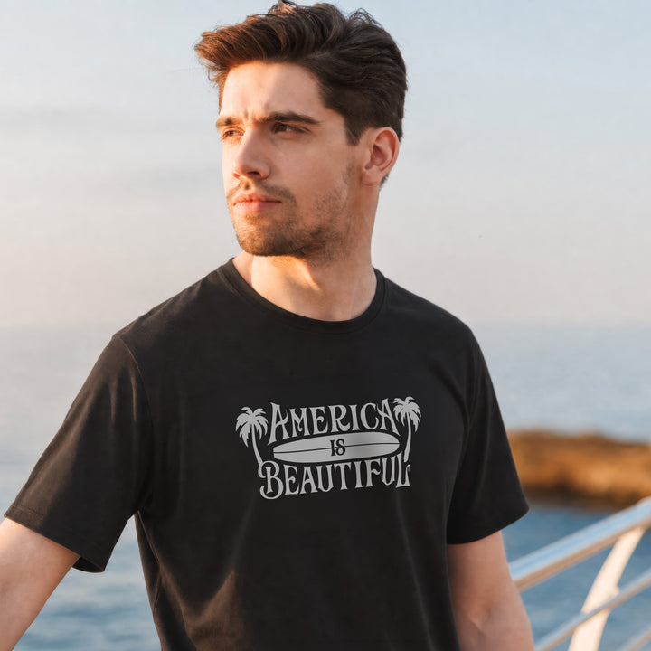 Man wearing a Black t-shirt with &