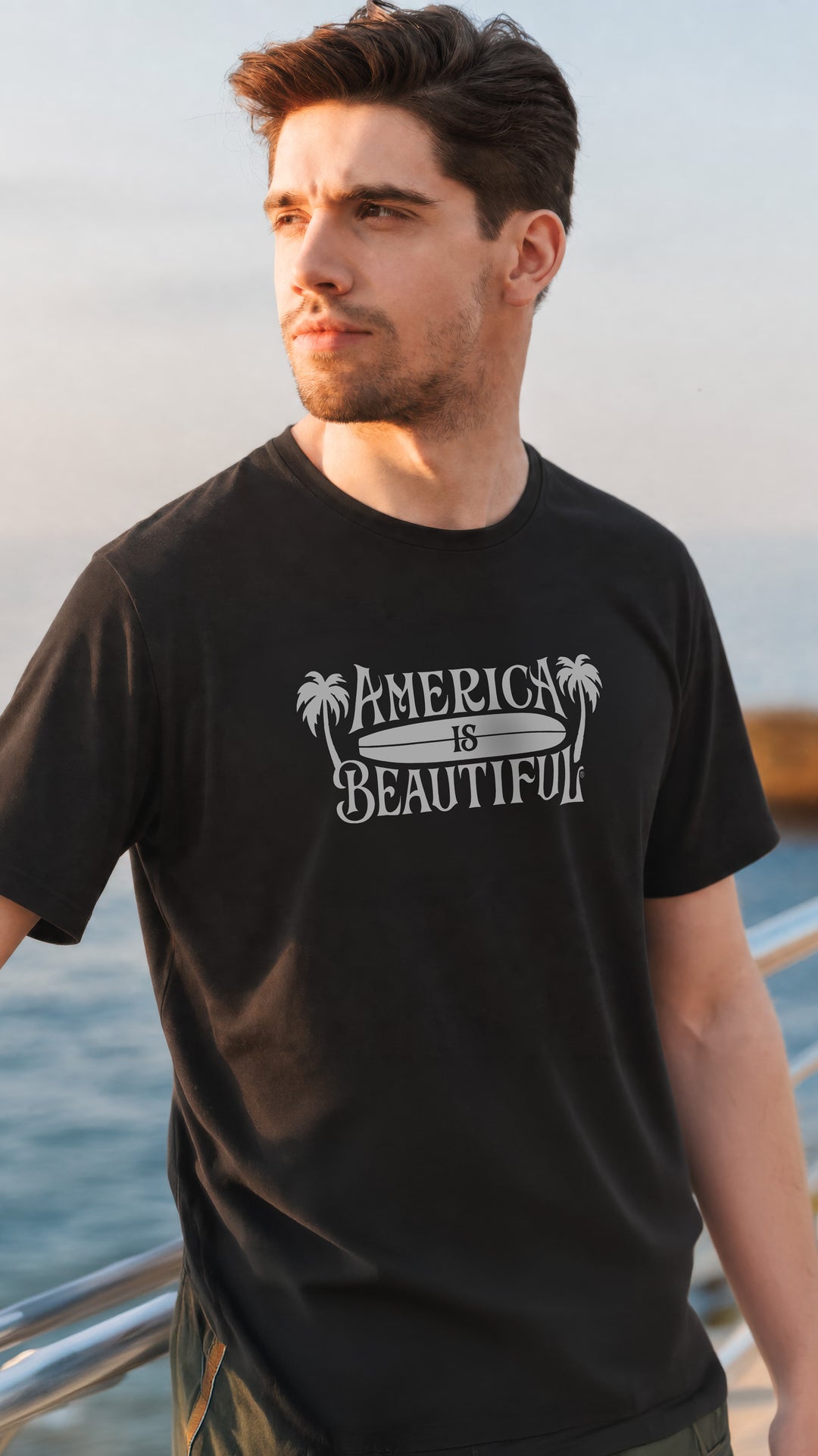 Man wearing a Black t-shirt with &