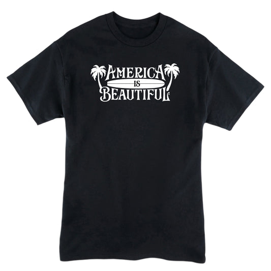 Tropical Surfboard And Palms America Is Beautiful® Mens Graphic T-shirt