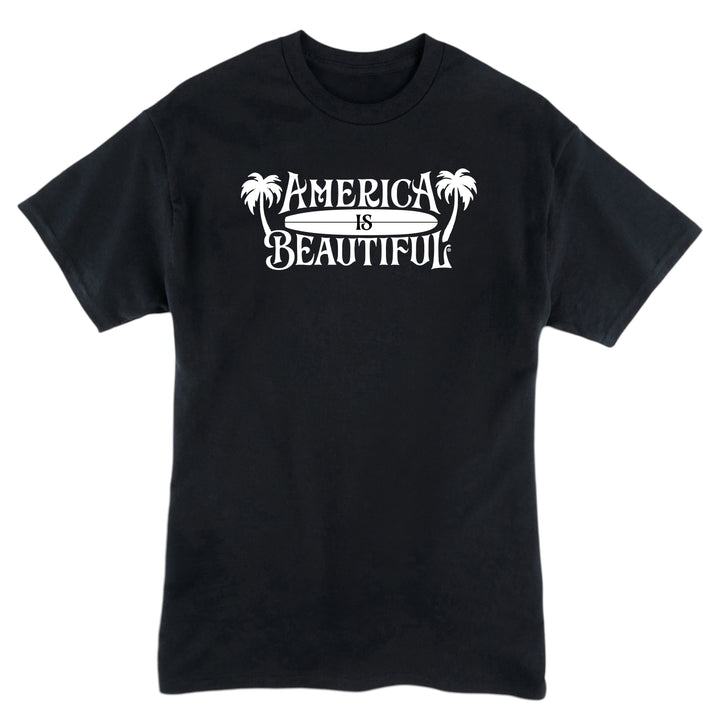 Tropical Surfboard And Palms America Is Beautiful® Mens Graphic T-shirt