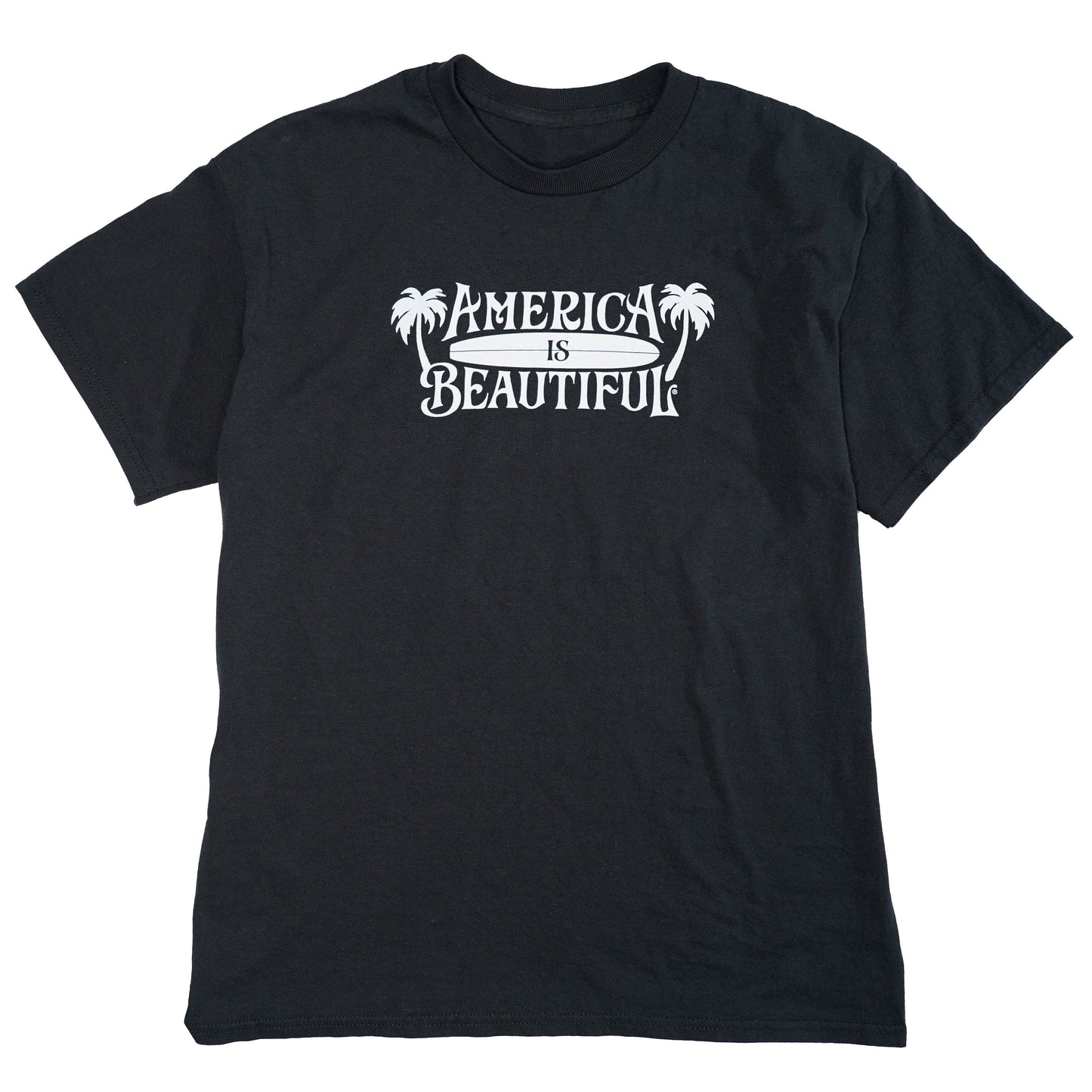 America Is Beautiful Surfboard And Palm Trees Adult Unisex Graphic T-Shirt - white on black