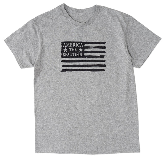 America The Beautiful American Flag Grunge Style Adult Unisex Graphic T-Shirt - black on grey