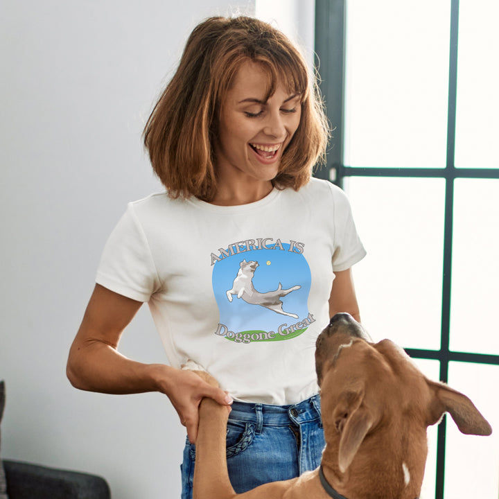 Woman wearing White t-shirt with slogan &