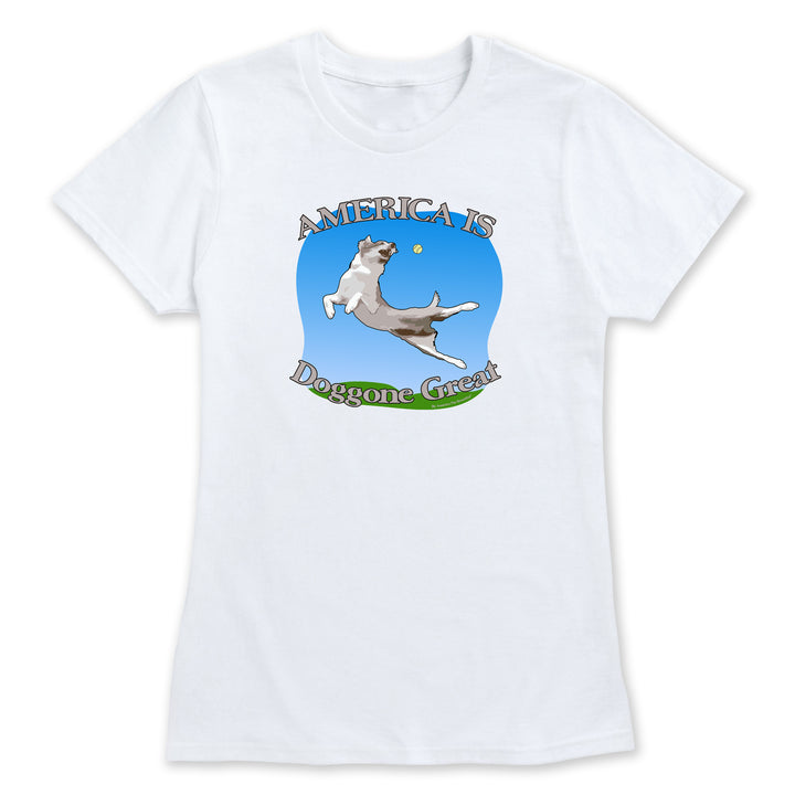 White t-shirt with a graphic of a dog and &
