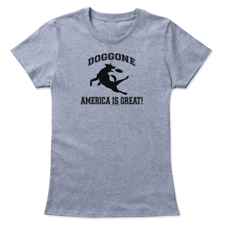Gray t-shirt with black dog chasing freesbe graphic and doggone America is great on a white background