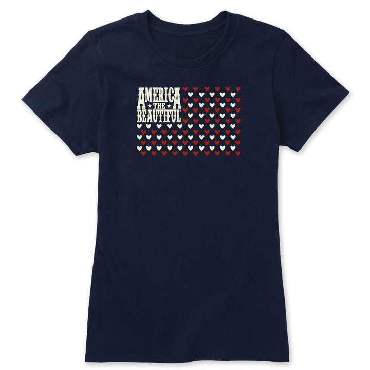 Flag of Hearts American Flag Womens T-shirt - Red And White Art On Blue Shirt