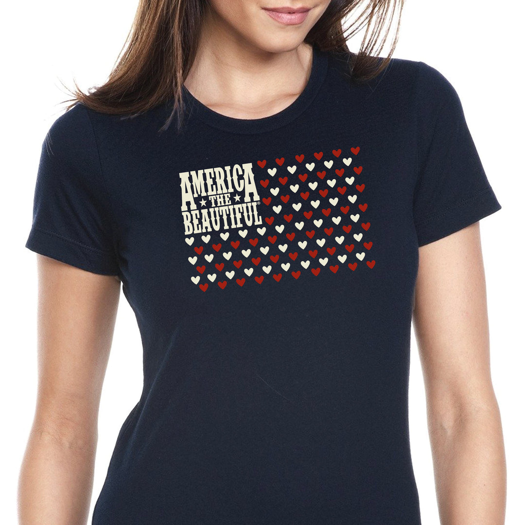 Flag of Hearts American Flag Womens T-shirt - Red And White Art On Blue Shirt