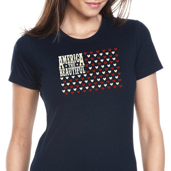 Flag of Hearts American Flag Womens T-shirt - Red And White Art On Blue Shirt