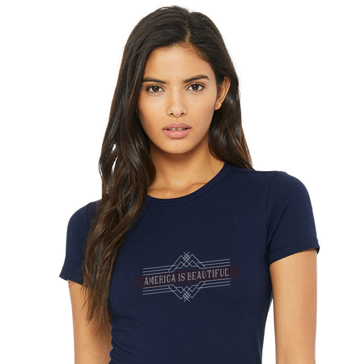 Woman wearing a navy blue t-shirt with &