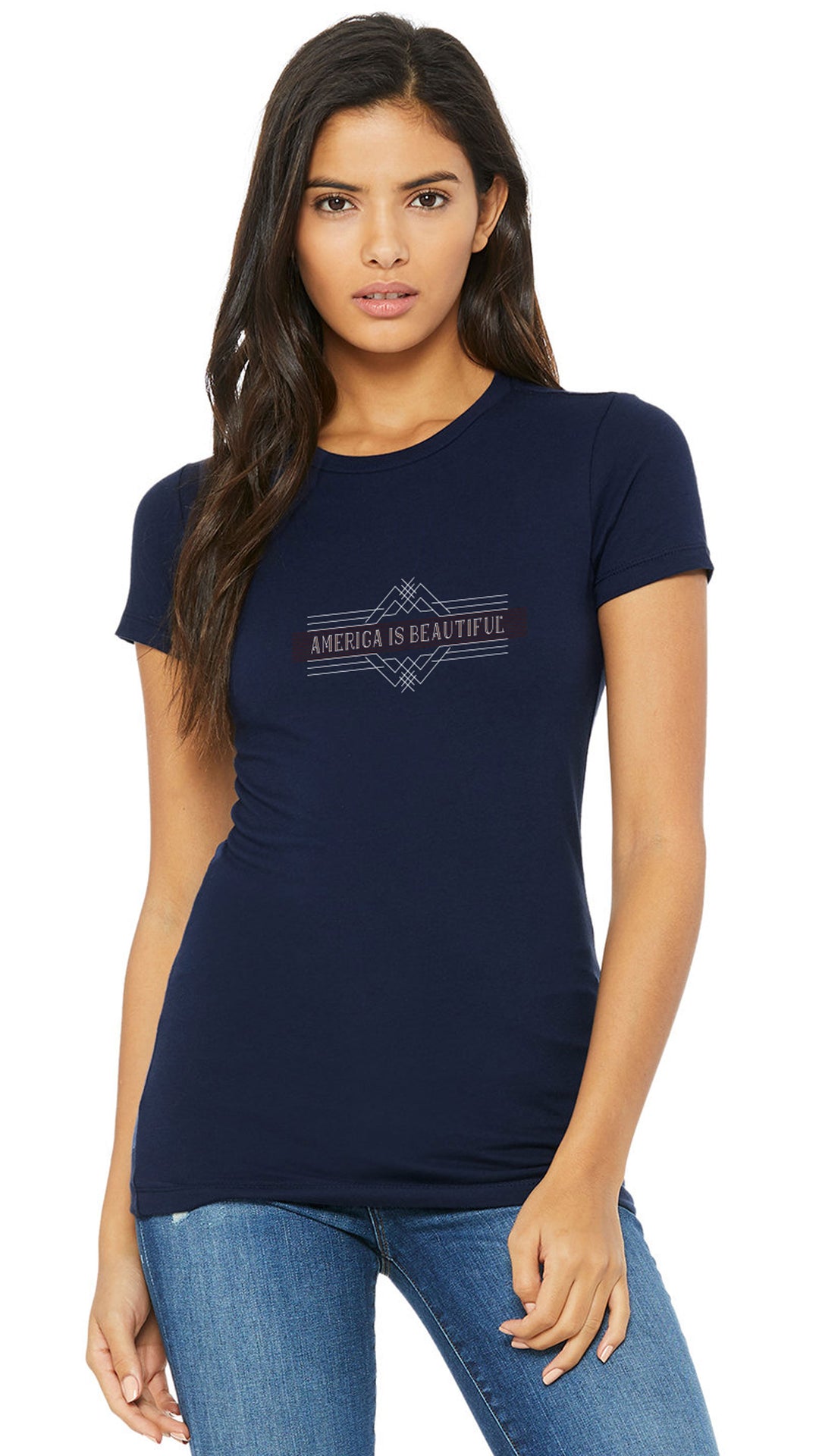 Woman wearing a navy blue t-shirt with a graphic design on a white background