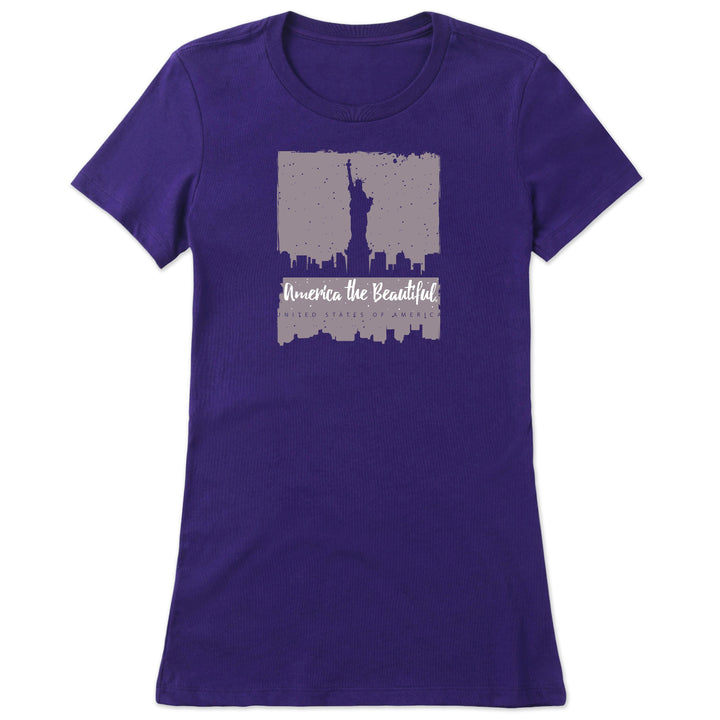 America The Beautiful® Womens Lady Liberty New York Skyline Purple Graphic T-Shirt