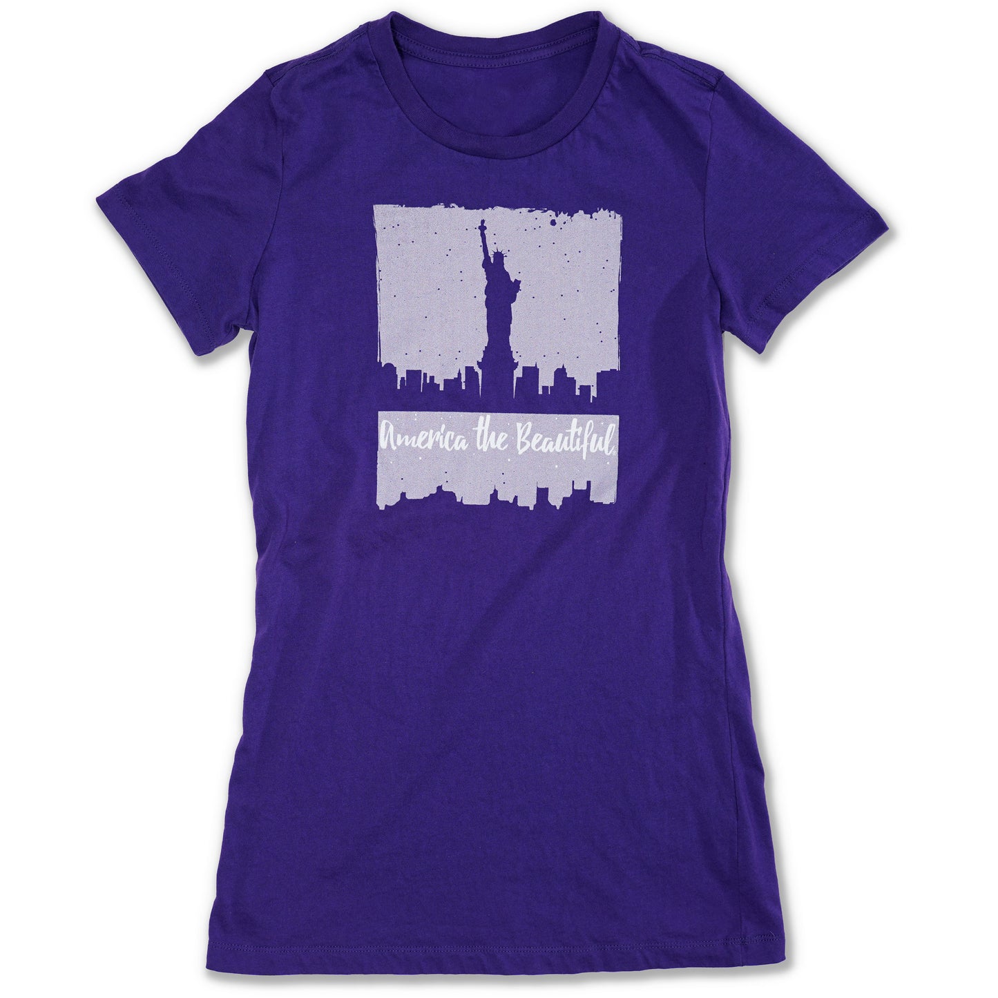 America The Beautiful Women's Lady Liberty New York Skyline Purple Graphic T-Shirt