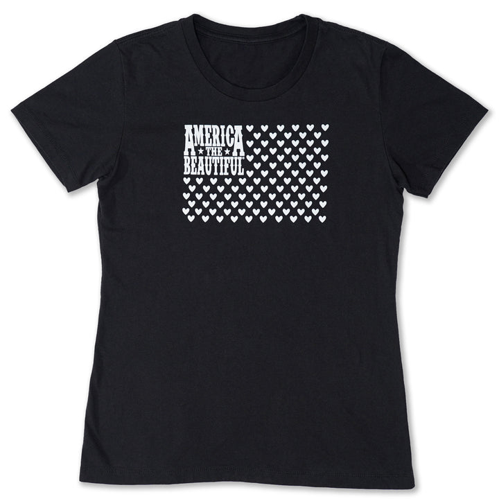 American Flag of Hearts Womens Graphic T-Shirt by America The Beautiful® - white on black