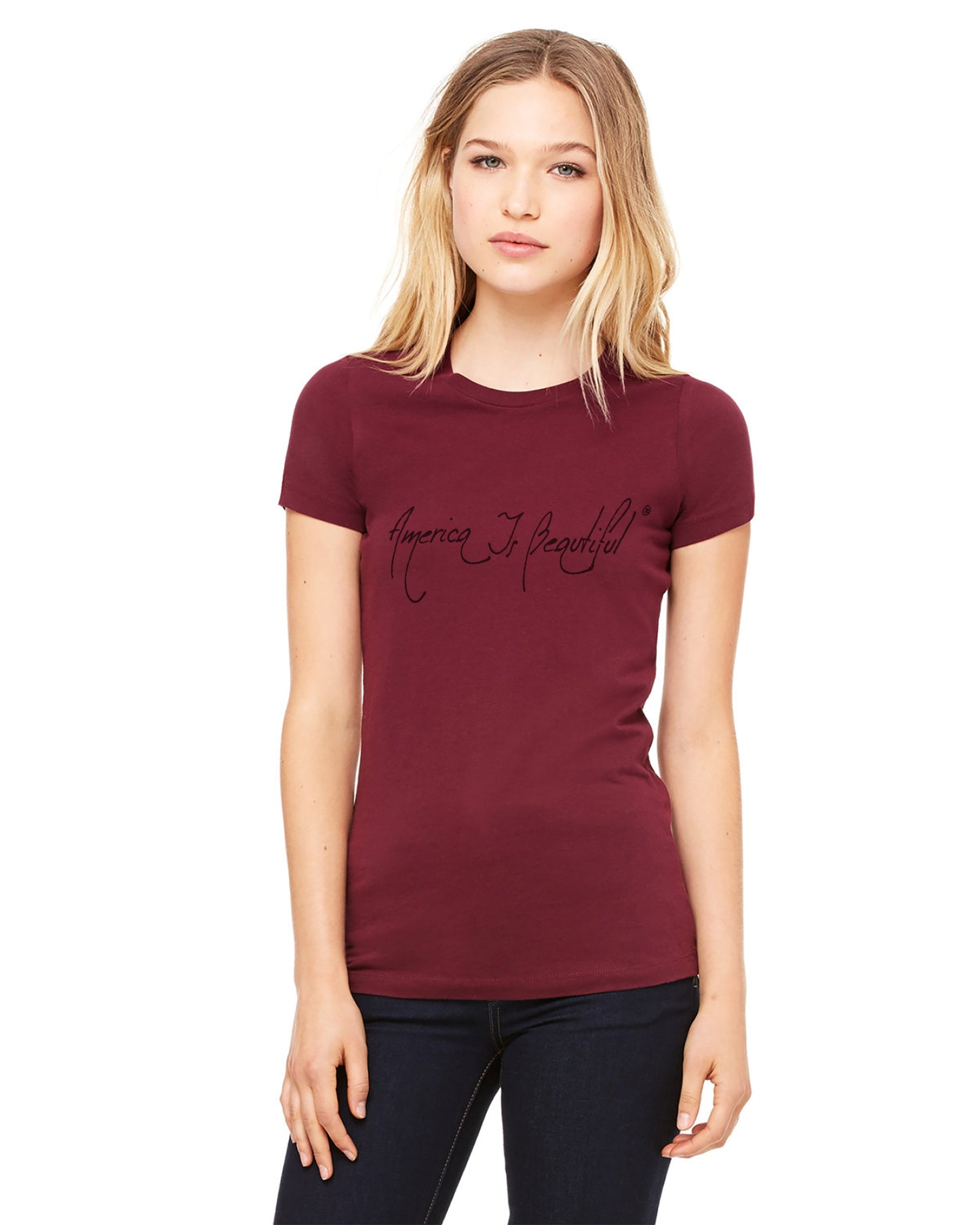 A classic maroon women’s message t-shirt with “America Is Beautiful” in thin, open, free-flowing, artsy lettering.