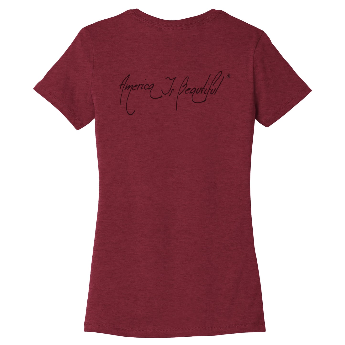 A classic maroon women’s message t-shirt with “America Is Beautiful” in thin, open, free-flowing, artsy lettering.