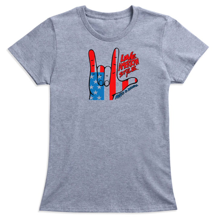 Gray t-shirt with a graphic design of hands making a "I love you" shape and text on a white background