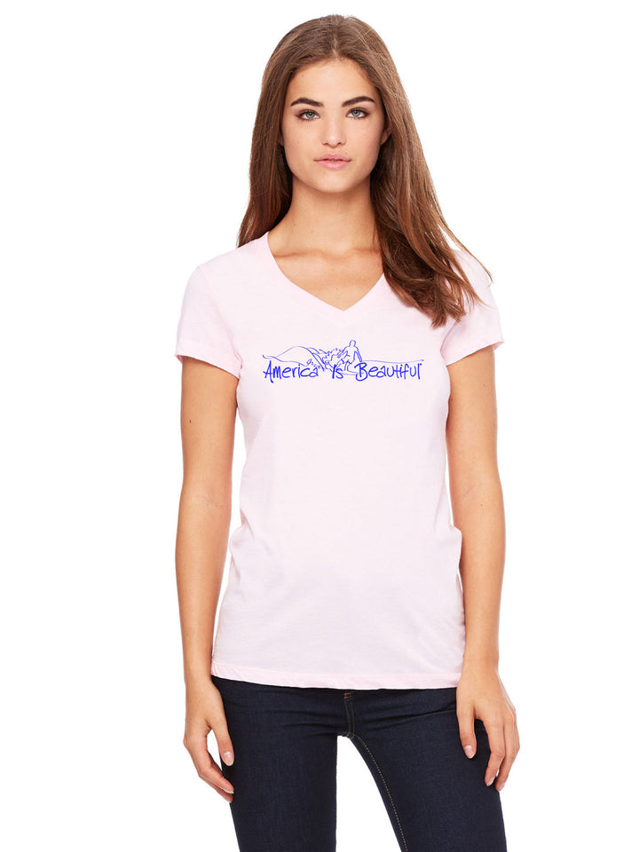 Catchin' The Wave Surfer America Is Beautiful® Womens Short Sleeve V-Neck Tee