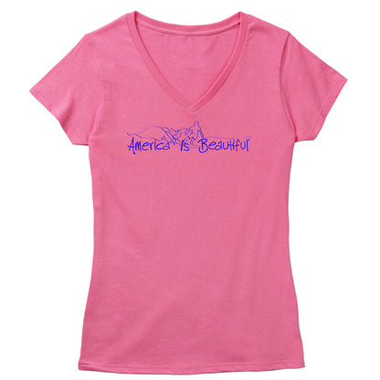 Catchin' The Wave Surfer America Is Beautiful® Womens Short Sleeve V-Neck Tee