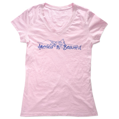 Catchin' The Wave Surfer America Is Beautiful® Womens Short Sleeve V-Neck Tee