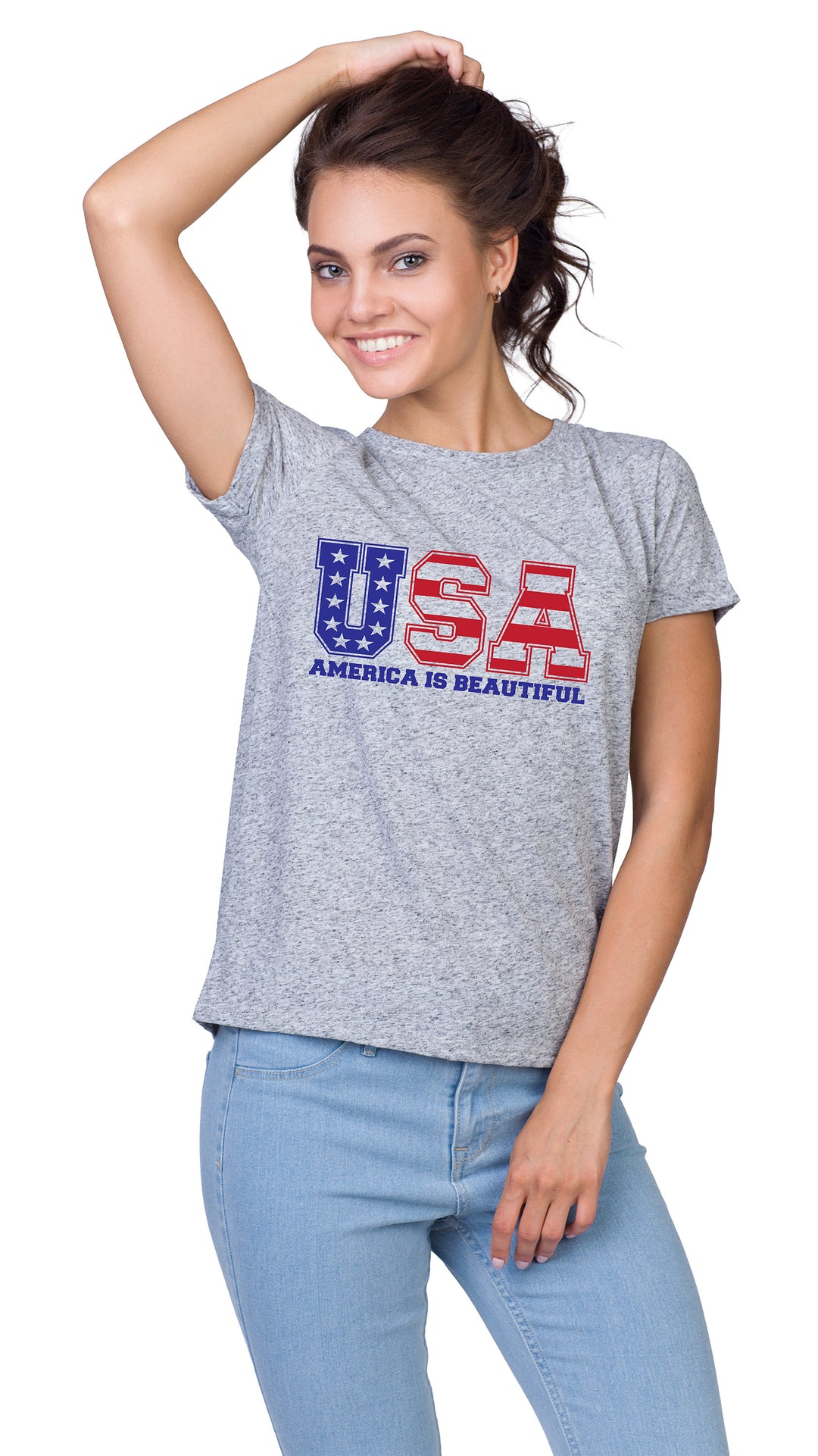 USA Message Tee 1.0  by America The Beautiful, Red and Blue on Grey Womens