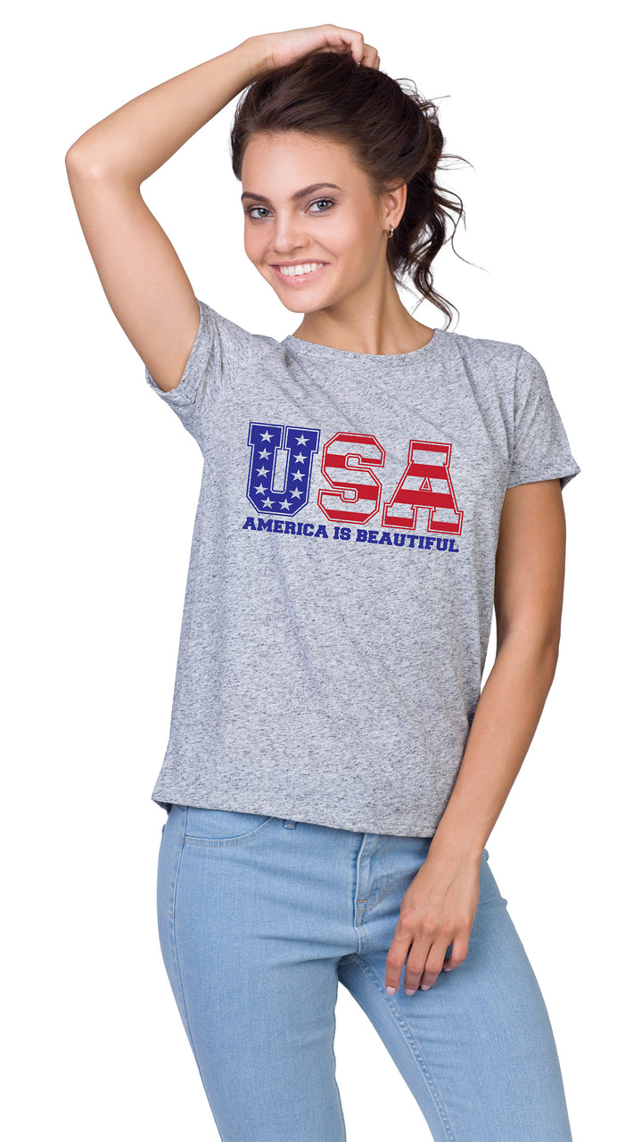 USA Message Tee 1.0  by America The Beautiful, Red and Blue on Grey Womens